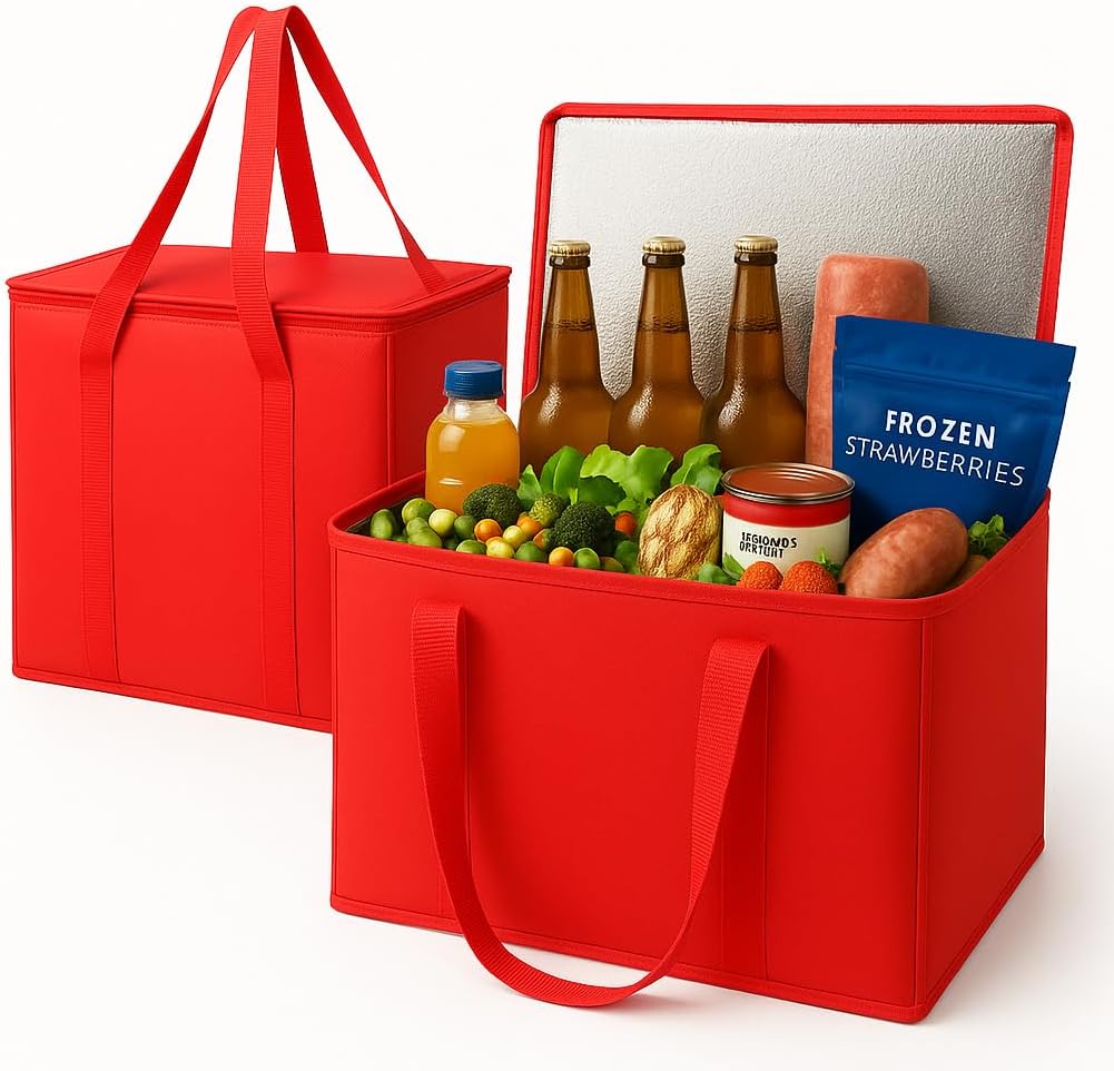 Reusable Zip Bag - 2-Pack XL Insulated Grocery Bags, Red,